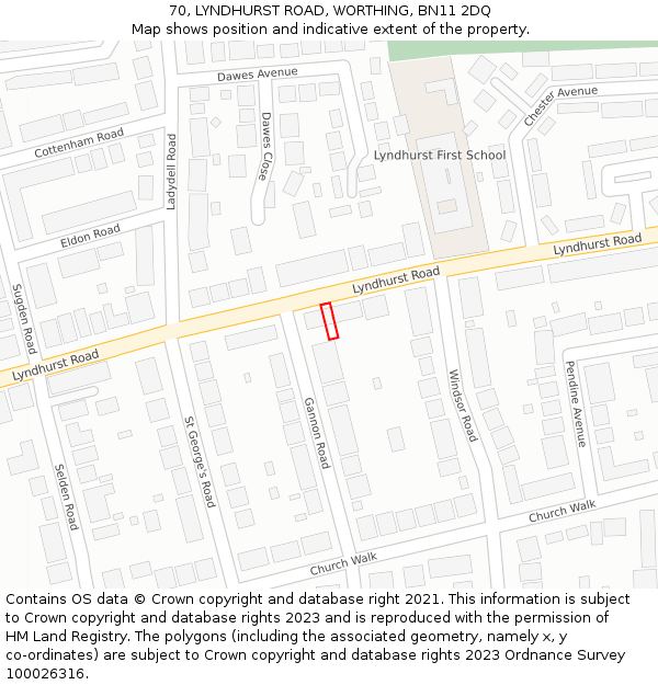70, LYNDHURST ROAD, WORTHING, BN11 2DQ: Location map and indicative extent of plot
