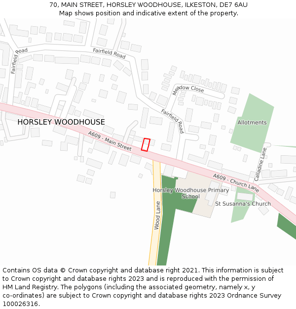 70, MAIN STREET, HORSLEY WOODHOUSE, ILKESTON, DE7 6AU: Location map and indicative extent of plot