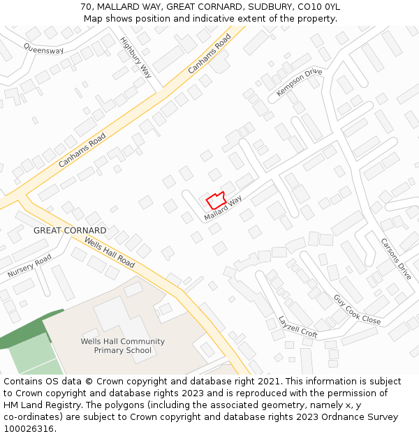 70, MALLARD WAY, GREAT CORNARD, SUDBURY, CO10 0YL: Location map and indicative extent of plot