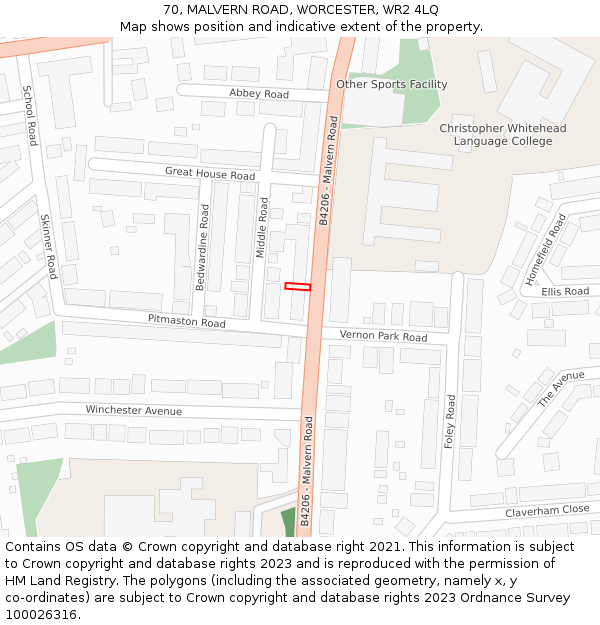 70, MALVERN ROAD, WORCESTER, WR2 4LQ: Location map and indicative extent of plot