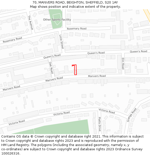 70, MANVERS ROAD, BEIGHTON, SHEFFIELD, S20 1AY: Location map and indicative extent of plot