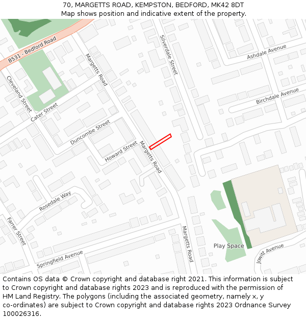 70, MARGETTS ROAD, KEMPSTON, BEDFORD, MK42 8DT: Location map and indicative extent of plot