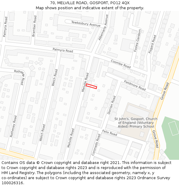 70, MELVILLE ROAD, GOSPORT, PO12 4QX: Location map and indicative extent of plot