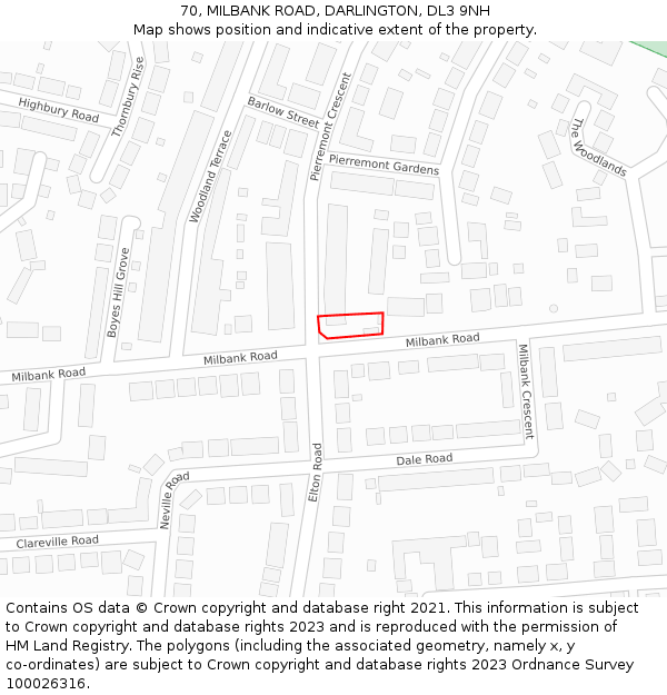70, MILBANK ROAD, DARLINGTON, DL3 9NH: Location map and indicative extent of plot