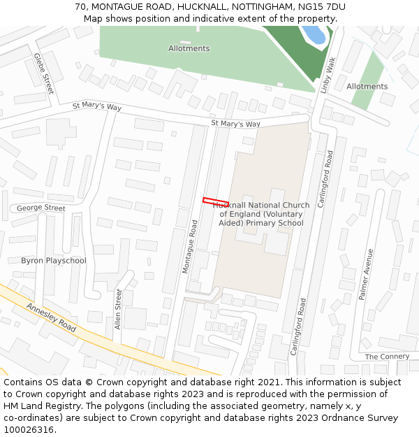 70, MONTAGUE ROAD, HUCKNALL, NOTTINGHAM, NG15 7DU: Location map and indicative extent of plot