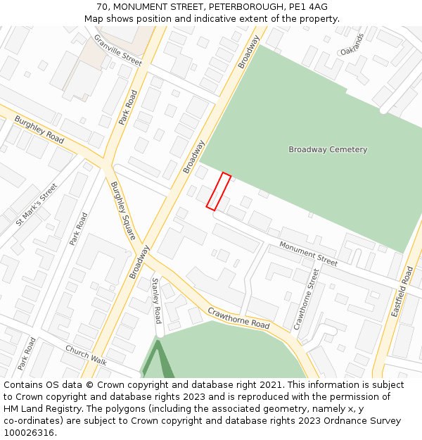 70, MONUMENT STREET, PETERBOROUGH, PE1 4AG: Location map and indicative extent of plot