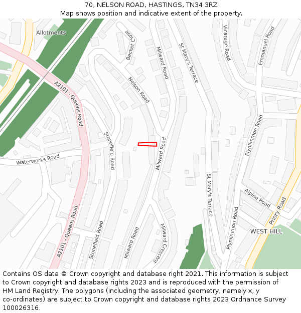 70, NELSON ROAD, HASTINGS, TN34 3RZ: Location map and indicative extent of plot