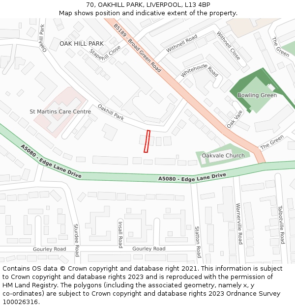 70, OAKHILL PARK, LIVERPOOL, L13 4BP: Location map and indicative extent of plot