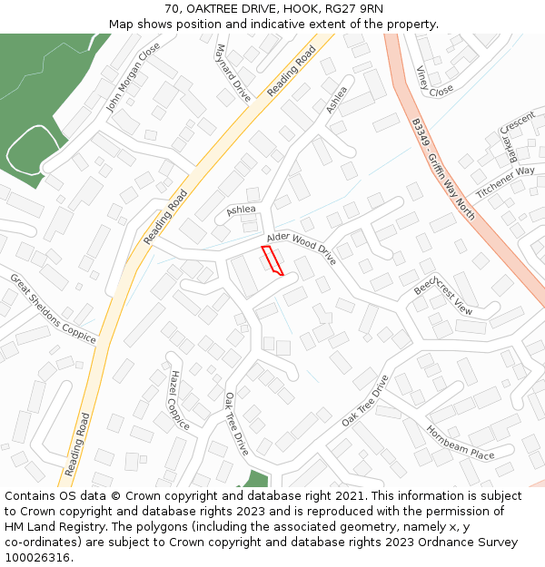 70, OAKTREE DRIVE, HOOK, RG27 9RN: Location map and indicative extent of plot