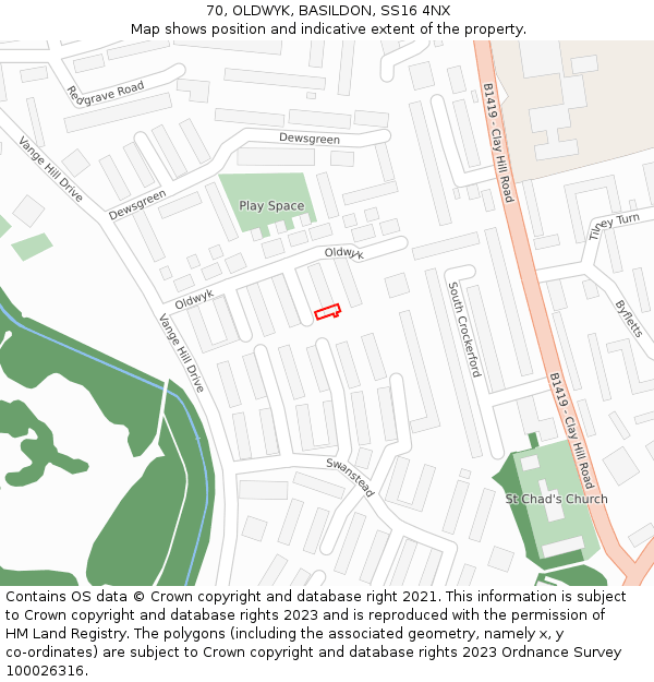 70, OLDWYK, BASILDON, SS16 4NX: Location map and indicative extent of plot