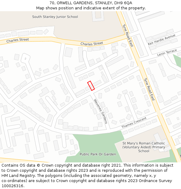 70, ORWELL GARDENS, STANLEY, DH9 6QA: Location map and indicative extent of plot