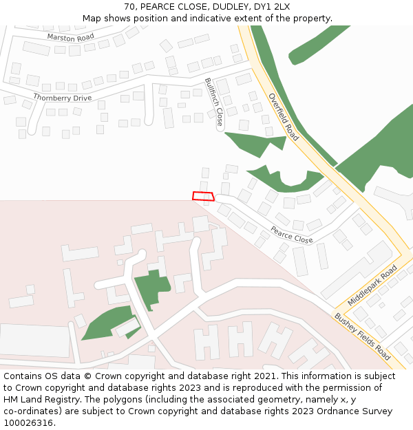 70, PEARCE CLOSE, DUDLEY, DY1 2LX: Location map and indicative extent of plot