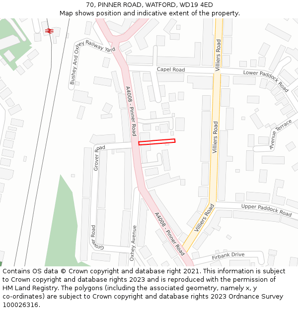 70, PINNER ROAD, WATFORD, WD19 4ED: Location map and indicative extent of plot