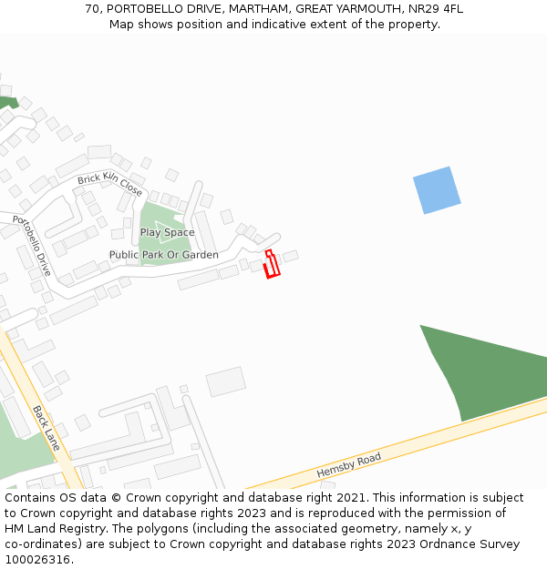 70, PORTOBELLO DRIVE, MARTHAM, GREAT YARMOUTH, NR29 4FL: Location map and indicative extent of plot