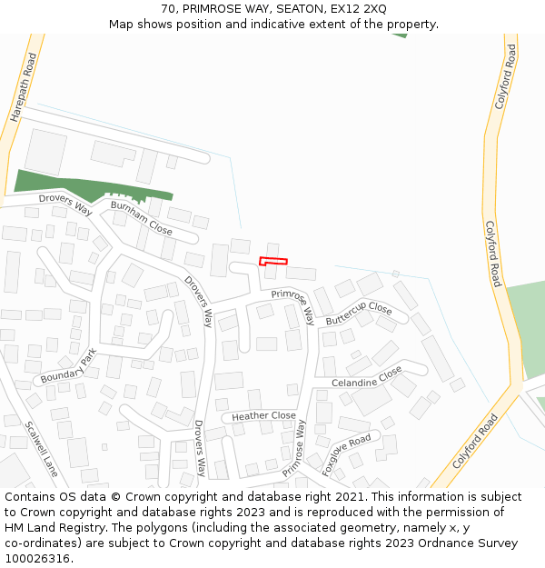 70, PRIMROSE WAY, SEATON, EX12 2XQ: Location map and indicative extent of plot