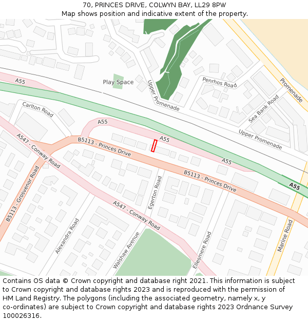 70, PRINCES DRIVE, COLWYN BAY, LL29 8PW: Location map and indicative extent of plot