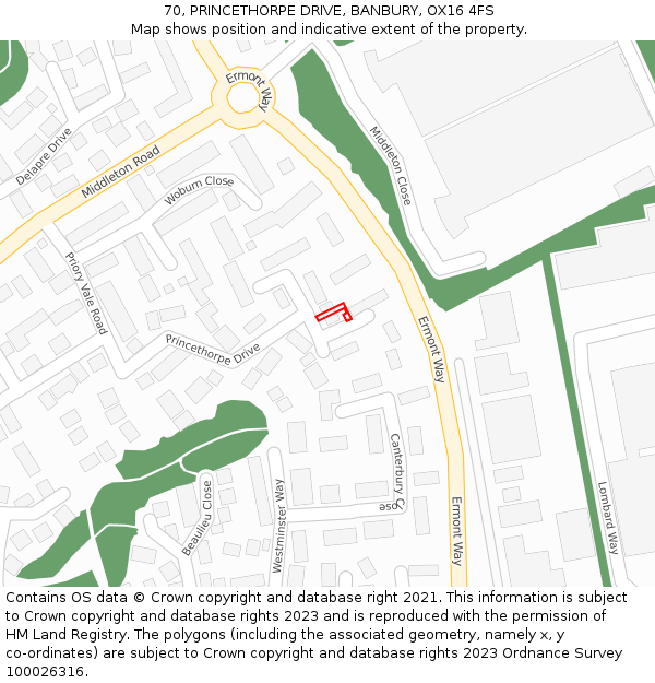 70, PRINCETHORPE DRIVE, BANBURY, OX16 4FS: Location map and indicative extent of plot