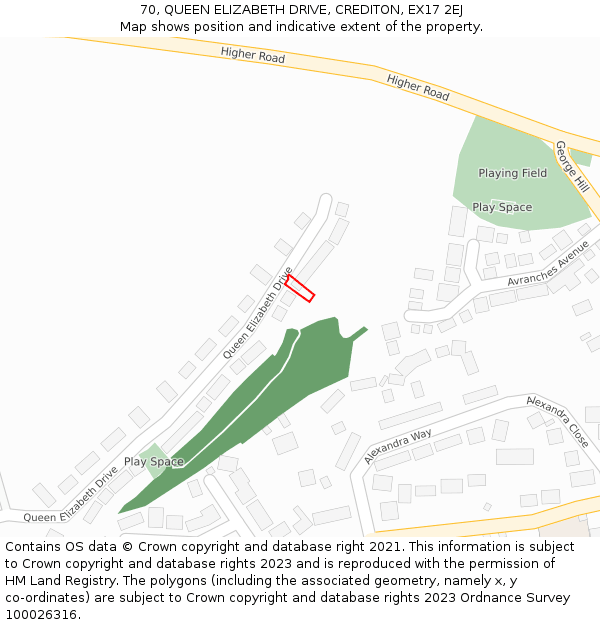 70, QUEEN ELIZABETH DRIVE, CREDITON, EX17 2EJ: Location map and indicative extent of plot