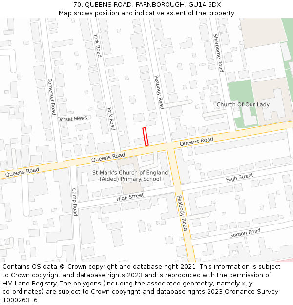70, QUEENS ROAD, FARNBOROUGH, GU14 6DX: Location map and indicative extent of plot