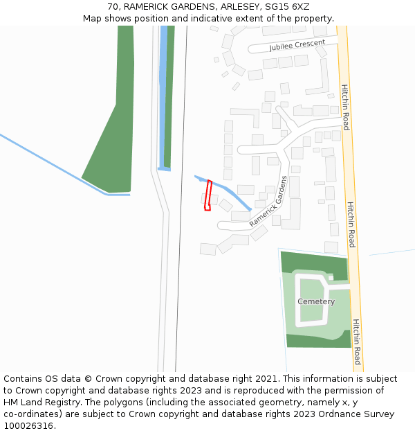 70, RAMERICK GARDENS, ARLESEY, SG15 6XZ: Location map and indicative extent of plot