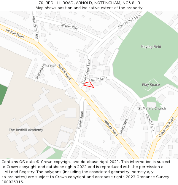 70, REDHILL ROAD, ARNOLD, NOTTINGHAM, NG5 8HB: Location map and indicative extent of plot