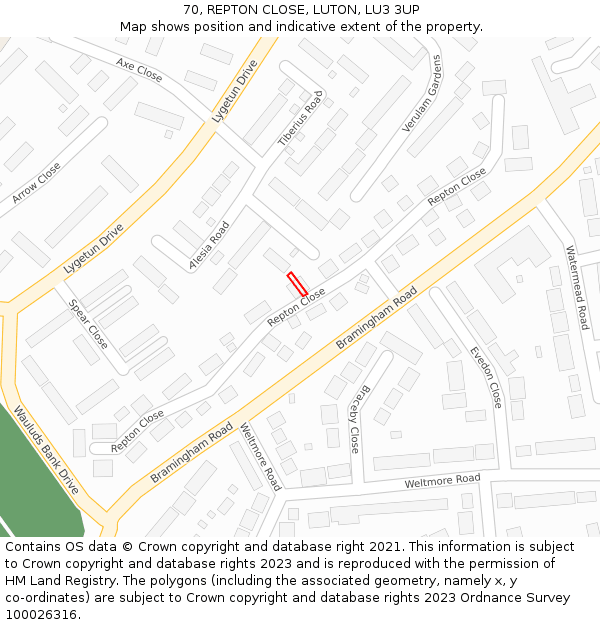 70, REPTON CLOSE, LUTON, LU3 3UP: Location map and indicative extent of plot
