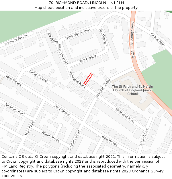 70, RICHMOND ROAD, LINCOLN, LN1 1LH: Location map and indicative extent of plot