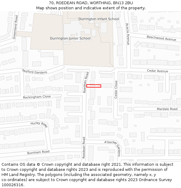 70, ROEDEAN ROAD, WORTHING, BN13 2BU: Location map and indicative extent of plot