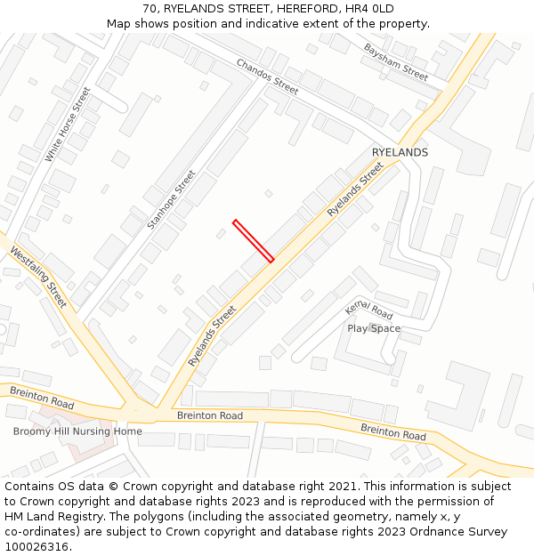 70, RYELANDS STREET, HEREFORD, HR4 0LD: Location map and indicative extent of plot