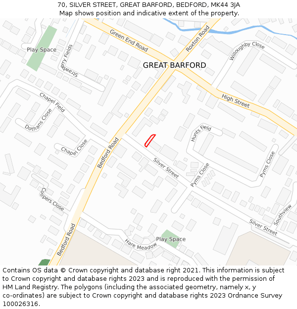 70, SILVER STREET, GREAT BARFORD, BEDFORD, MK44 3JA: Location map and indicative extent of plot