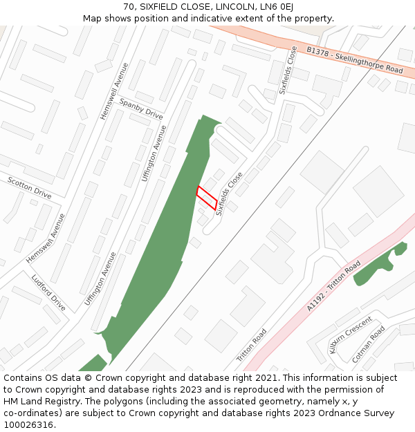 70, SIXFIELD CLOSE, LINCOLN, LN6 0EJ: Location map and indicative extent of plot