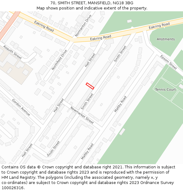 70, SMITH STREET, MANSFIELD, NG18 3BG: Location map and indicative extent of plot
