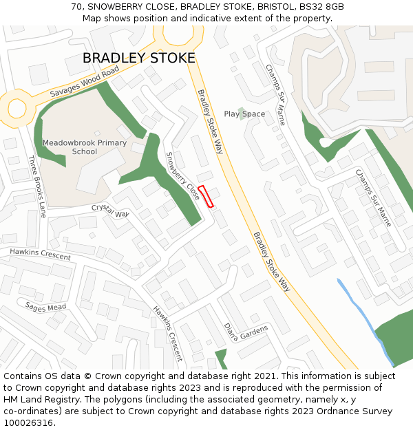 70, SNOWBERRY CLOSE, BRADLEY STOKE, BRISTOL, BS32 8GB: Location map and indicative extent of plot