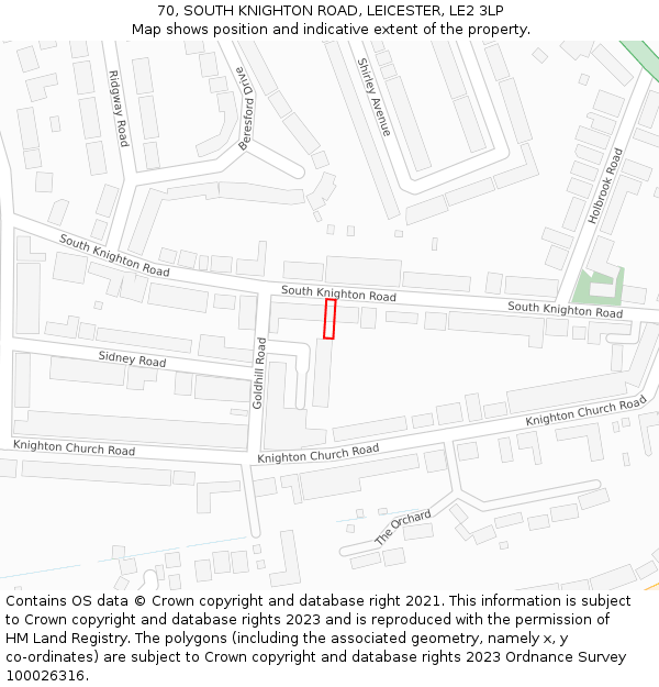 70, SOUTH KNIGHTON ROAD, LEICESTER, LE2 3LP: Location map and indicative extent of plot