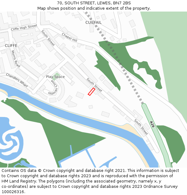 70, SOUTH STREET, LEWES, BN7 2BS: Location map and indicative extent of plot