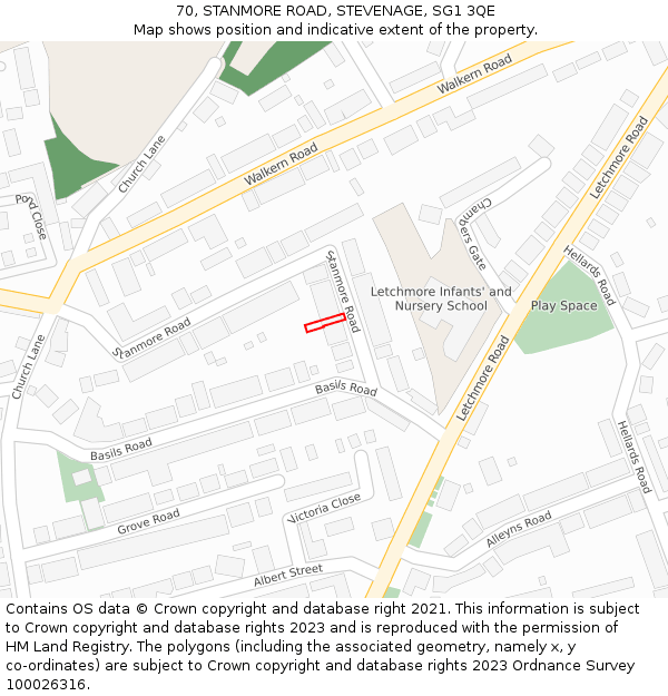 70, STANMORE ROAD, STEVENAGE, SG1 3QE: Location map and indicative extent of plot