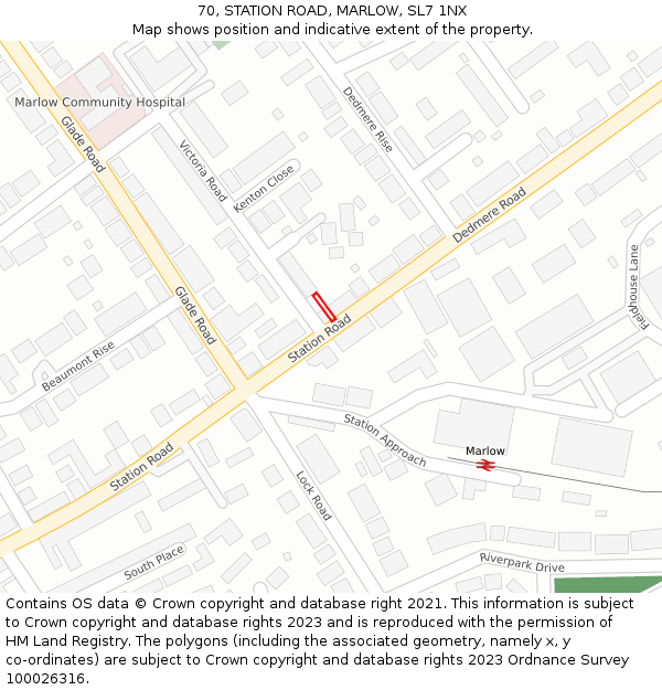 70, STATION ROAD, MARLOW, SL7 1NX: Location map and indicative extent of plot