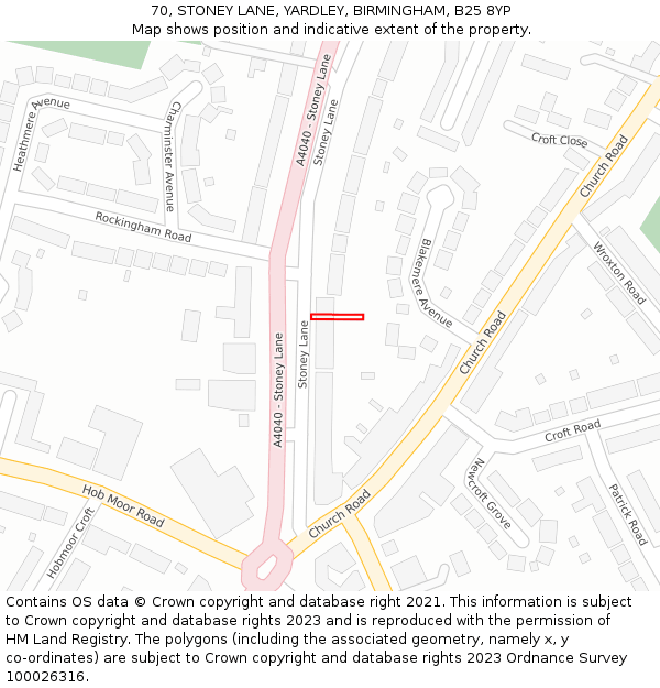 70, STONEY LANE, YARDLEY, BIRMINGHAM, B25 8YP: Location map and indicative extent of plot