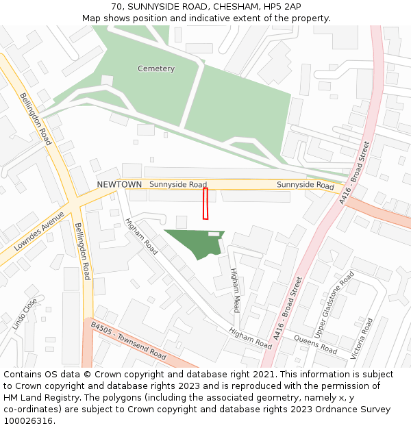 70, SUNNYSIDE ROAD, CHESHAM, HP5 2AP: Location map and indicative extent of plot