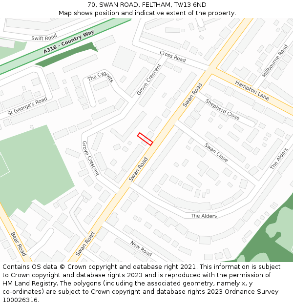 70, SWAN ROAD, FELTHAM, TW13 6ND: Location map and indicative extent of plot