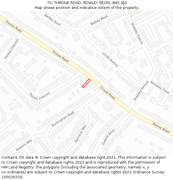 70, THRONE ROAD, ROWLEY REGIS, B65 9JG: Location map and indicative extent of plot