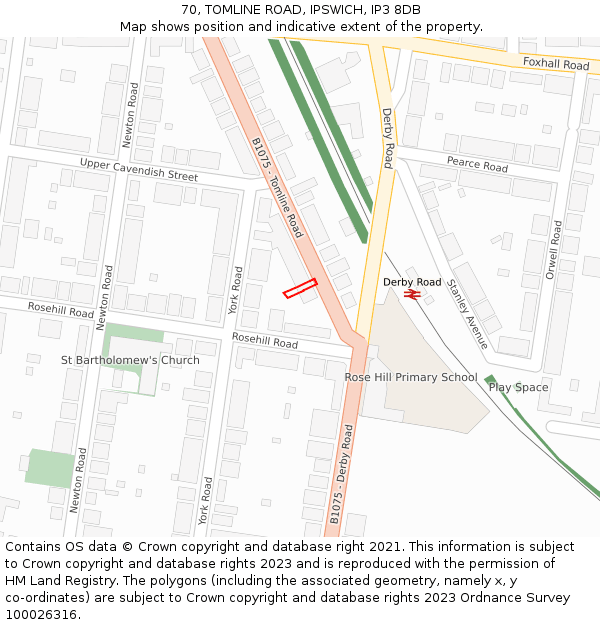 70, TOMLINE ROAD, IPSWICH, IP3 8DB: Location map and indicative extent of plot