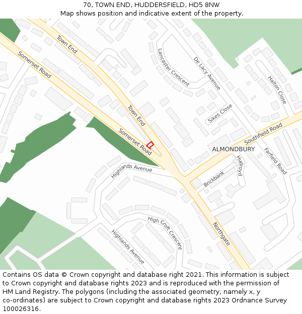 70, TOWN END, HUDDERSFIELD, HD5 8NW: Location map and indicative extent of plot