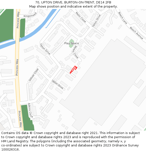 70, UPTON DRIVE, BURTON-ON-TRENT, DE14 2FB: Location map and indicative extent of plot