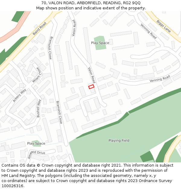 70, VALON ROAD, ARBORFIELD, READING, RG2 9QQ: Location map and indicative extent of plot