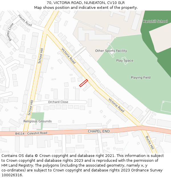 70, VICTORIA ROAD, NUNEATON, CV10 0LR: Location map and indicative extent of plot