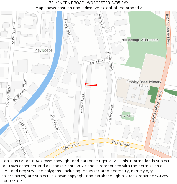 70, VINCENT ROAD, WORCESTER, WR5 1AY: Location map and indicative extent of plot