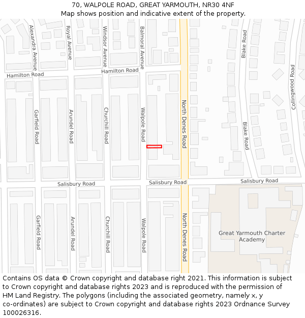 70, WALPOLE ROAD, GREAT YARMOUTH, NR30 4NF: Location map and indicative extent of plot