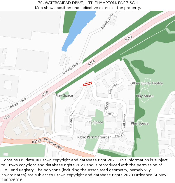 70, WATERSMEAD DRIVE, LITTLEHAMPTON, BN17 6GH: Location map and indicative extent of plot