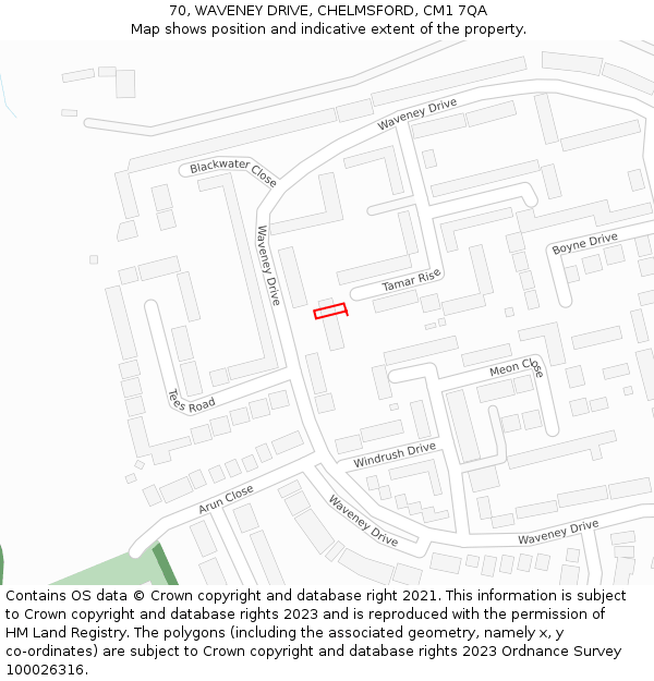 70, WAVENEY DRIVE, CHELMSFORD, CM1 7QA: Location map and indicative extent of plot